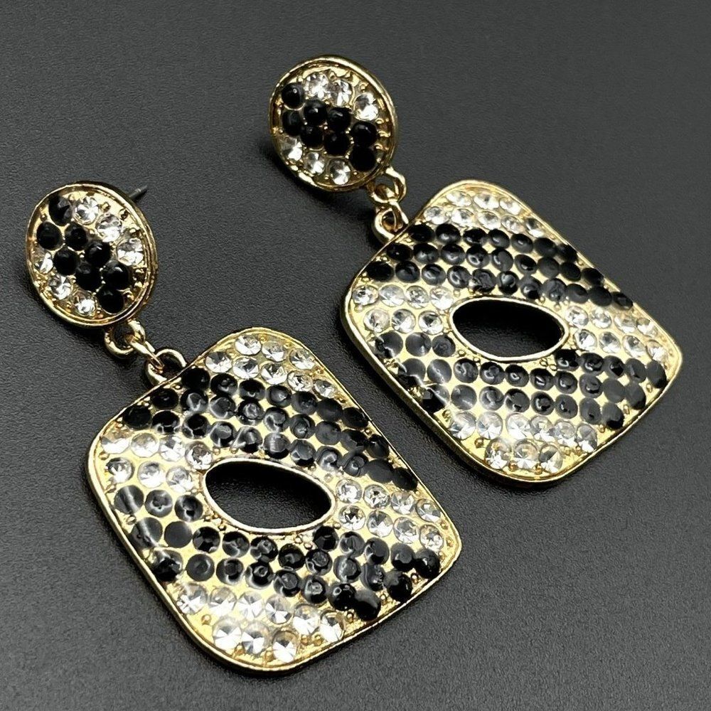 Yellow Gold with White Diamond Crystal and Black Enamel Geometric Post Earrings